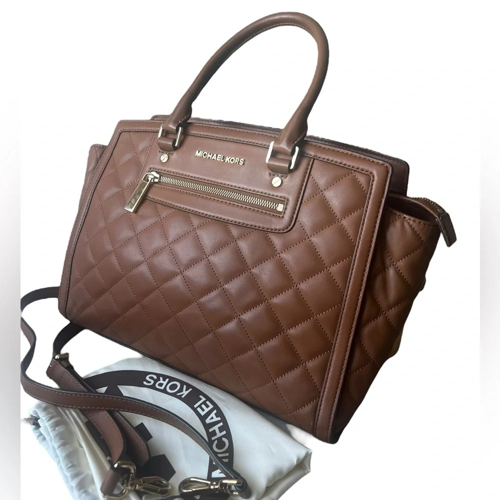 Michael Kors Quilted Leather Satchel Handbag in Brown with Gold Hardware